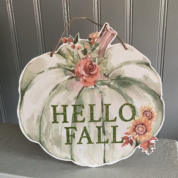 NWT- Beautiful Watercolor Glittered HELLO FALL Floral Pumpkin Decor Sign 🌻 - Picture 10 of 12